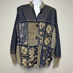 VTG Flashback‎ Silk Blend Embroidered Crochet Jacquard Denim Jacket Womens Sz M